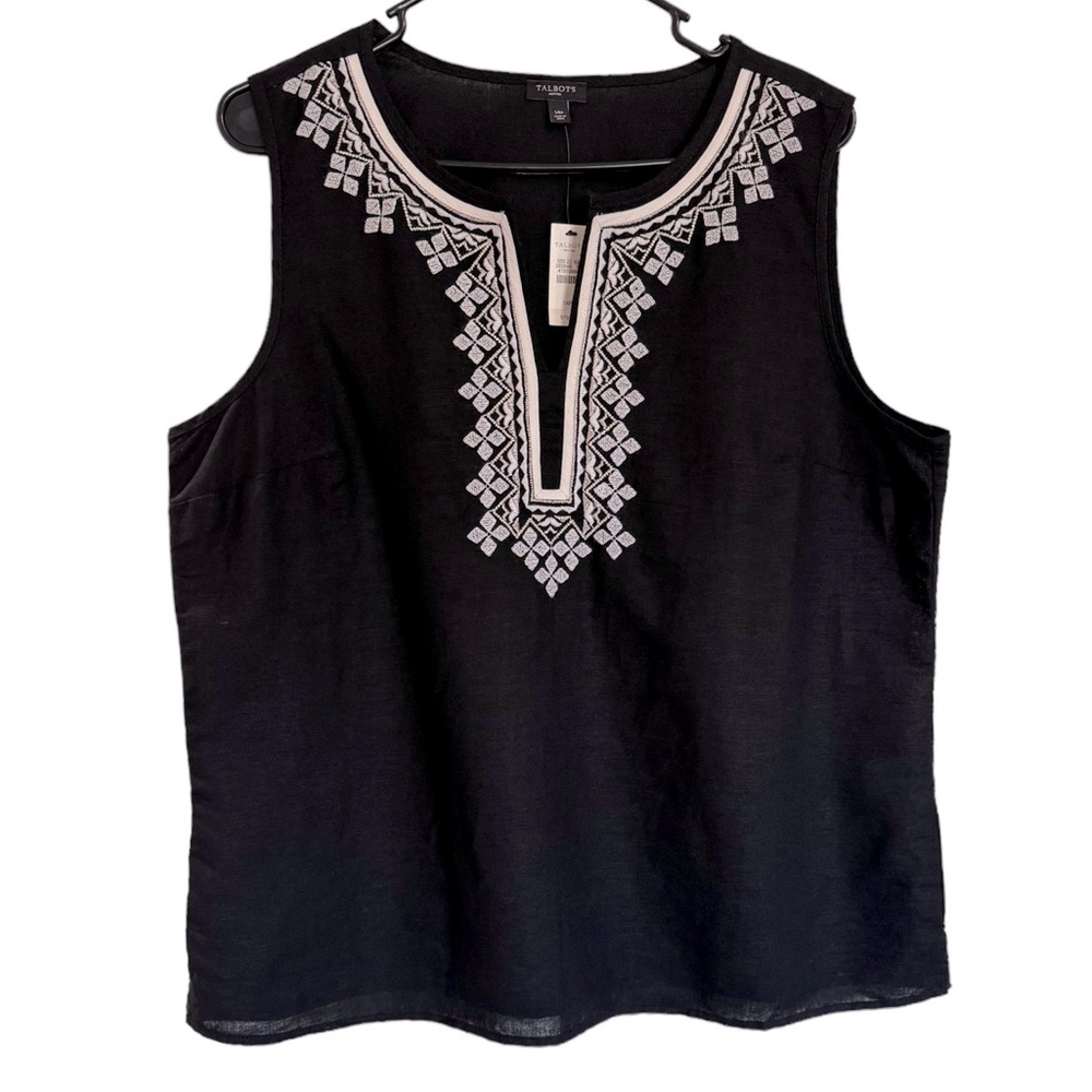 NWT Talbots Embroidered Black Tank Linen Blend Size 14P